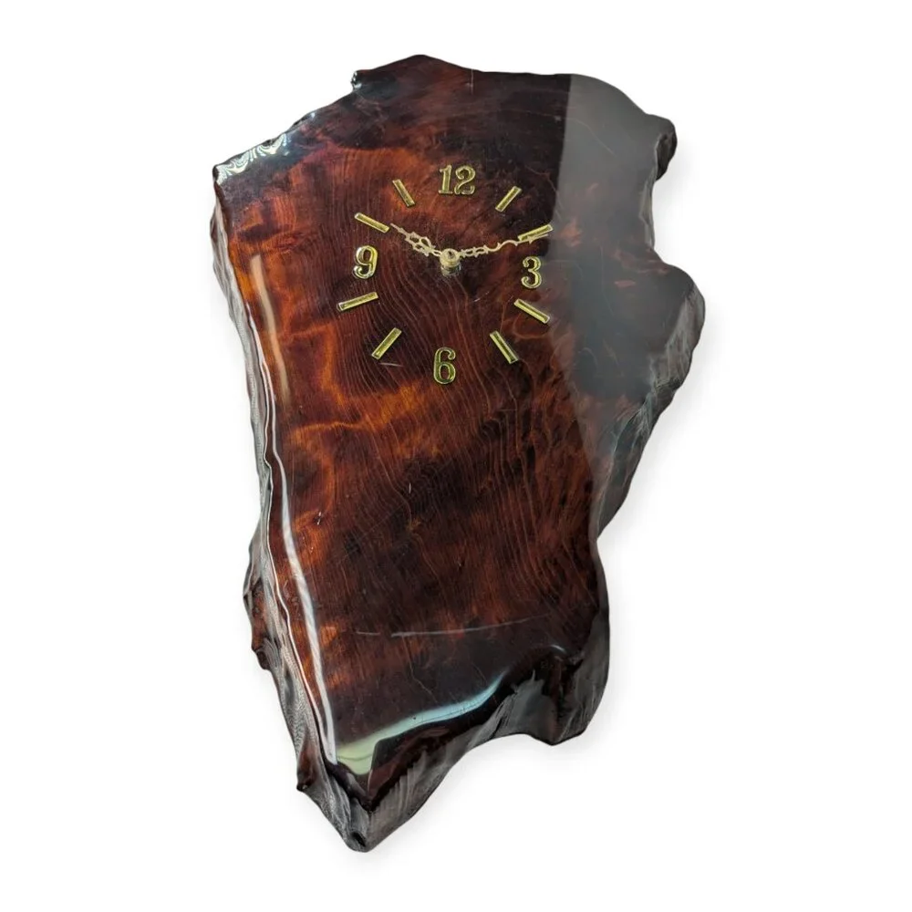 Vintage 1987 Lacquered Natural Wood Slab Wall Clock Battery Operated